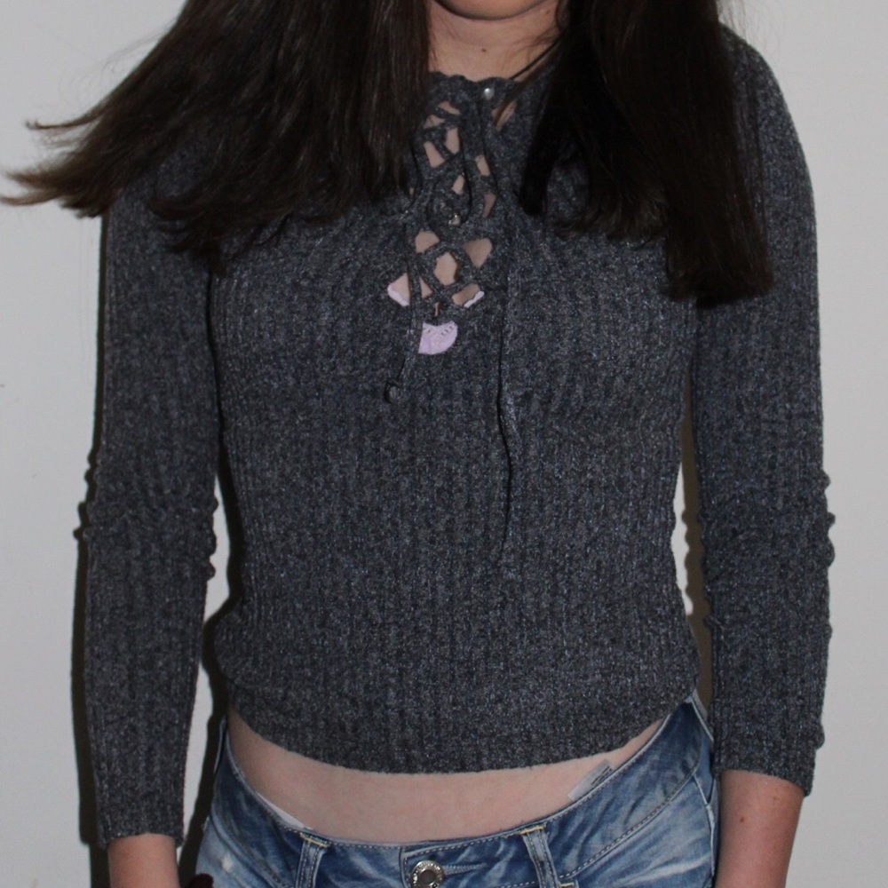 Lace up dark grey sweater